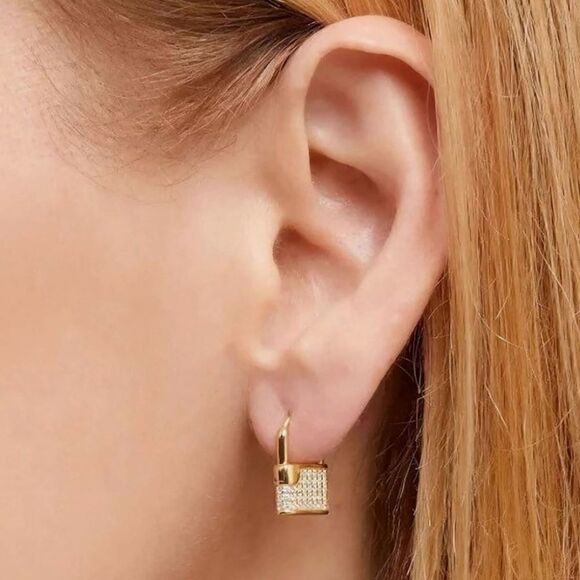Lock Hoop Earrings Cubic Zircon Earring Gold Color Women Ear Jewelry - Picture 2 of 8